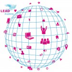 Logo Lead Academy: Schemen eines Globuses mit vielen Symbolen mit Internetzbezug darauf