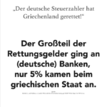 Plakat von Informationen für Deutschland: These: "Der deutsche Steuerzahler hat Griechenland gerettet!" Fakt: Der Großteil der Rettungsgelder ging an (deutsche) Banken, nur 5% kamen beim griechischen Staat an.
