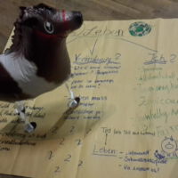 Baumdiagramm zum Thema Leben auf einem Plakat mit einem lustigen Modellpferd darauf stehend