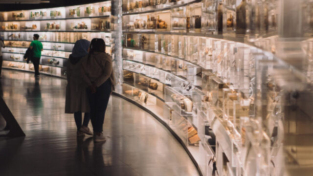 Zwei Frauen stehen vor einem riesigen Regal im Curved-Design, in dem stark beleuchtetes Geschirr und andere Dinge stehen